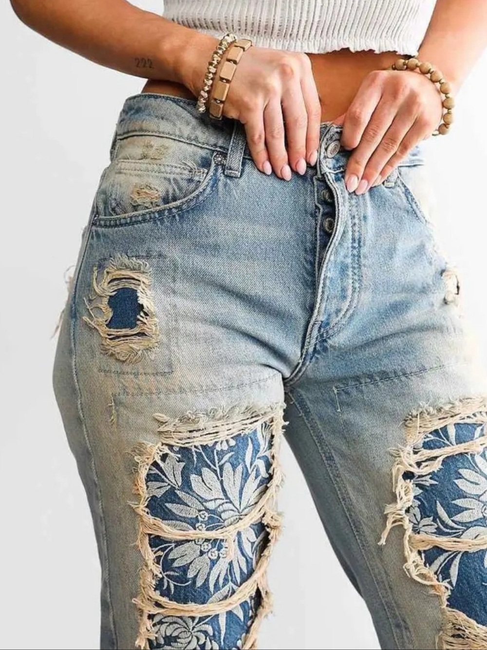 Free People Desert Rose Floral Patchwork Distressed Straight Leg Jeans - Picture 4 of 8